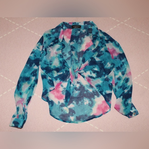 Maverick The Collection Tops - Maverick The Collection Watercolor Blue Pink Crop Tie Blouse NEW Women’s Small